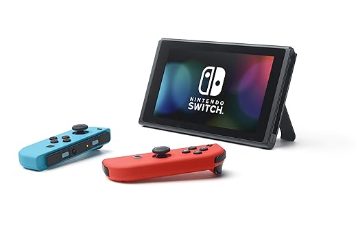 nintendo switch with neon blue and red with game bloggers